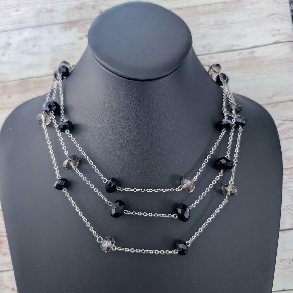 Vintage Necklace Layered Silver Tone with Black & Grey Beads